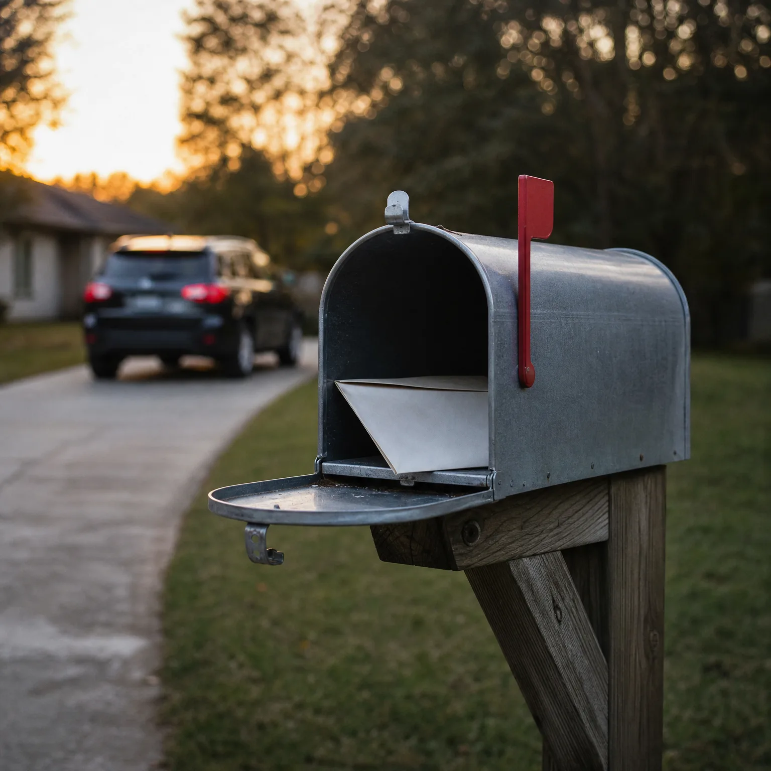 An open galvanized metal mailbox with a raised red flag on a wooden post, holding a large envelope, with a blurred dark SUV in a driveway and a house behind it at dusk.