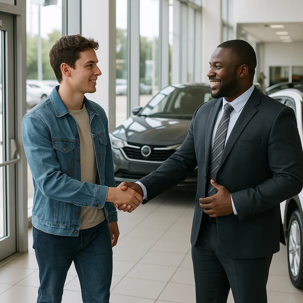Car salesman in suit shaking hands with customer in dealership showroom